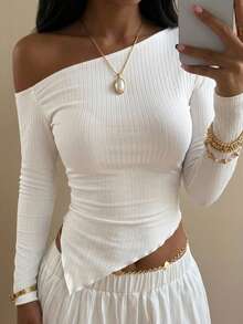 DAZY Women's Asymmetrical Shoulder Lettuce Trim Fit Ruched T-Shirt Long Sleeve Women Tops - White - View 11