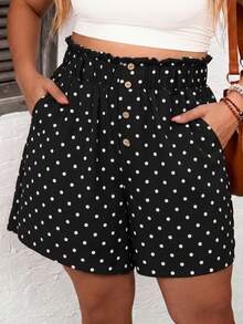 Comfylo Plus Size Women's Polka Dot Pattern Casual Versatile Shorts With Pockets And Button Front - Black - View 6