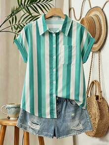 INAWLY Women's Striped Patchwork Single-Breasted Casual Versatile Daily Wear Shirt - Green - View 3