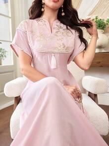 Yasmyna Spring/Summer Sequin Embroidered Patchwork Pink Waist-Cinched Arabian Dress - Pink - View 8