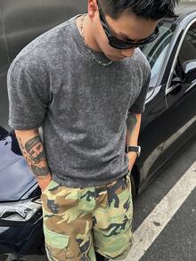 DAZY 男士純灰色短袖紋理水洗布料夏季T恤 - 灰色 - 查看 5
