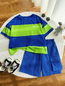 SHEIN Little Byeori 2pcs/Set Young Boy Casual Color Block Round Neck T-Shirt & Wide Pocket Cargo Shorts Set,Versatile Comfortable Summer Sports Outfit For School,Party - Royal Blue - View 4