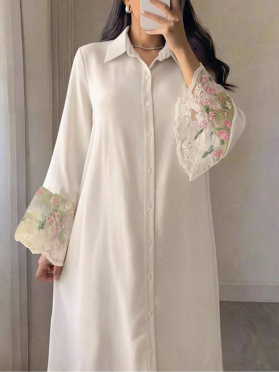 Al Najma Women's Floral Embroidered Mesh Patchwork Arabic Style Dress - Apricot - View 1