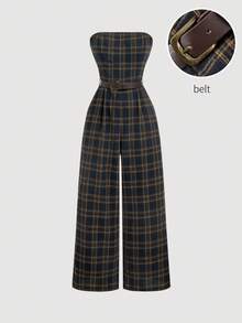 SHEIN MOD Women's Plaid Print Belted Elegant Jumpsuit - Multicolor - View 2