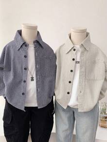 SHEIN 1件兒童青少年男孩休閒條紋領長袖襯衫，適合兒童、畢業季、生日派對 - 黑與白 - 查看 4