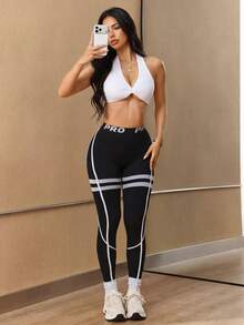 Slayform Legging Olahraga Tanpa Jahitan Pinggang Tinggi Bergaris Warna Kontras - Hitam - View 5