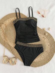 Swim Lushoire 2026SS Primavera/Verano Nuevo Top de Tirantes Negro Premium Elegante con Correa Tejida Dorada Casual para Vacaciones Playa y para Mujer Bikini - Multicolor - Ver 2