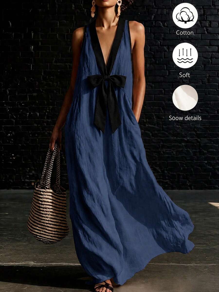 SHEIN Holidaya 女款春夏新款黑白配色 100%純棉面料 寬鬆V領 度假節日休閒通勤日常優雅派對居家長版無袖洋裝 - 藏蓝色 - 查看 1