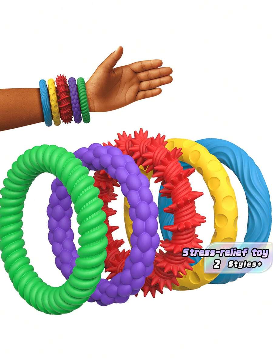 5 Paket Gelang Tekstur Gelisah - Gelang Tekstur Silikon, Mainan Pereda Stres Tekstur Silikon, Mainan Keren Berwarna-warni (Bentuk dan Warna Acak) - MultiWarna - View 1