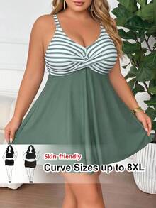 SHEIN CURVE+ 大尺碼女款橄欖綠印花細肩帶上衣高腰比基尼泳褲套裝 夏季海灘度假泳裙套裝 1920年代 Flapper 風格 - 彩色 - 查看 1