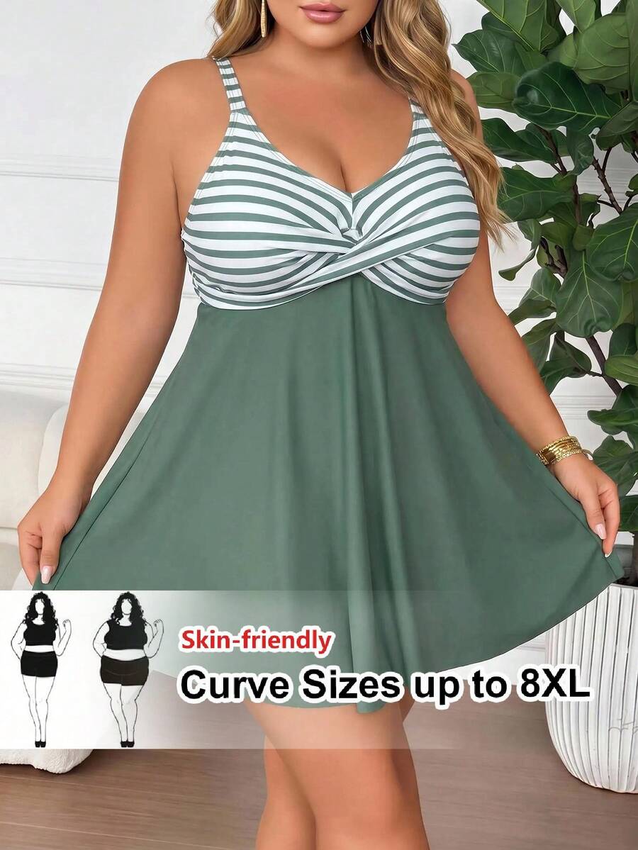 SHEIN CURVE+ 大尺碼女款橄欖綠印花細肩帶上衣高腰比基尼泳褲套裝 夏季海灘度假泳裙套裝 1920年代 Flapper 風格 - 彩色 - 查看 1