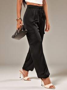 SHEIN PETITE Autumn Satin Drawstring Waist Black Casual Women's Trousers Petite Party Everyday Work - Black - View 5