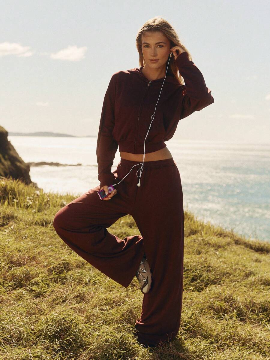 Aralina Women Loose Wide Leg Lounge Pants With Ruffled Elastic Waistband Gym Workout Summer Fall World Cup Watch Part - Burgundy - View 1