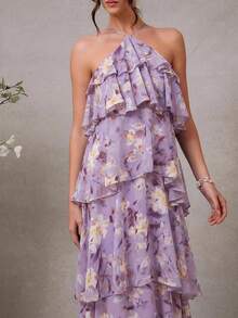 L'Amorae Elegant Romantic Wedding Guest Solid Halter Tiered Chiffon Maxi Dress - Purple - View 4