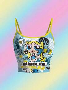 THE POWERPUFF GIRLS X SHEIN 女士字母卡通印花无袖背心，夏季 - 白色 - 查看 1