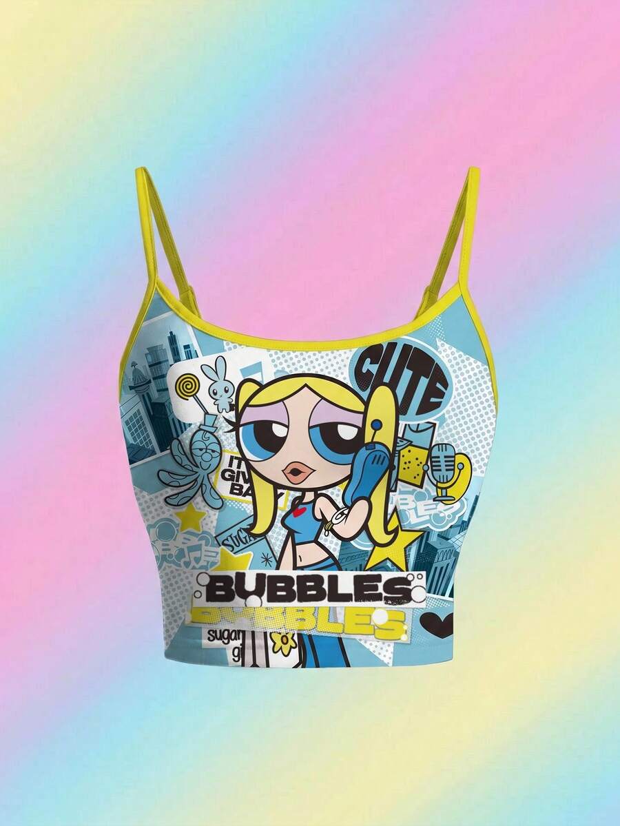 THE POWERPUFF GIRLS X SHEIN 女士字母卡通印花无袖背心,夏季 - 白色 - 查看 1