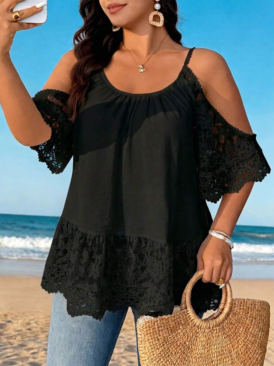 Breezaya Plus Size Faux Linen Textured Fabric Scoop Neck Off-Shoulder Strap Short Sleeve Lace Decor Chest Loose A-Line Hem Shirt Casual Elegant Formal Vacation - Black - View 1