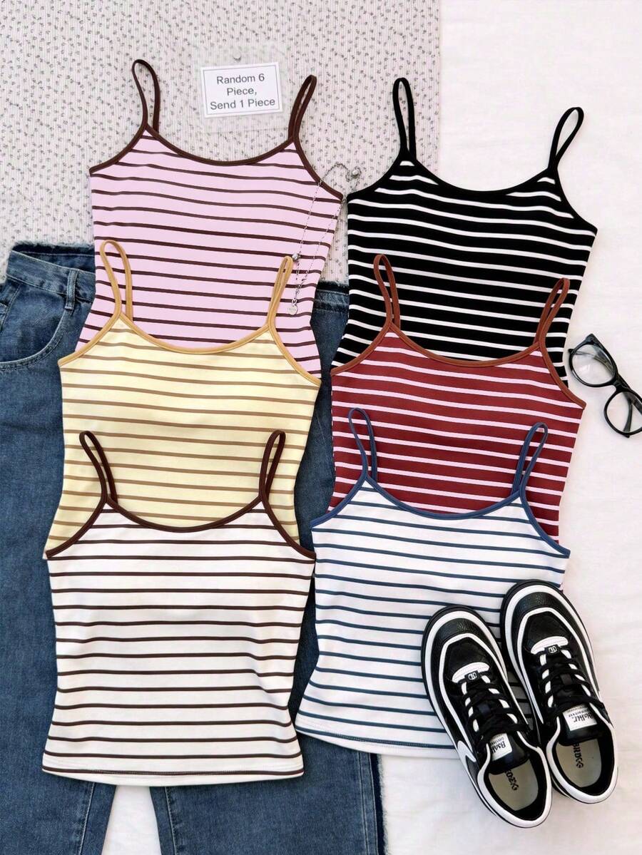 Blus Musim Panas Kasual Minimalis untuk Remaja Perempuan dengan Tali Bahu Tipis dan Motif Garis-garis Blok Warna Pink & Cokelat - MultiWarna - View 1
