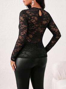 SHEIN Lady 女款圓領蕾絲荷葉邊修身百搭休閒上衣 - 黑色 - 查看 2