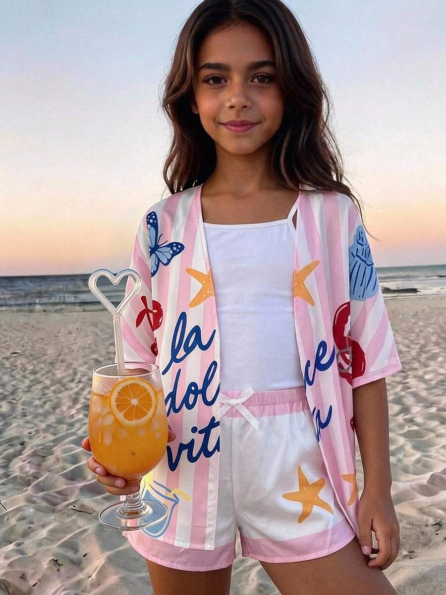 Travachic KIDS Tween Girl Cute Versatile Vacation Striped Shirt Elastic Waist Shorts 3-Piece Set - Pink - View 1