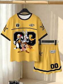 LOONEY TUNES X SHEIN Bộ đồ thường ngày cho bé trai tuổi teen gồm áo thun ngắn tay cổ tròn in hình hoạt hình và quần short. - trắng - Xem 1