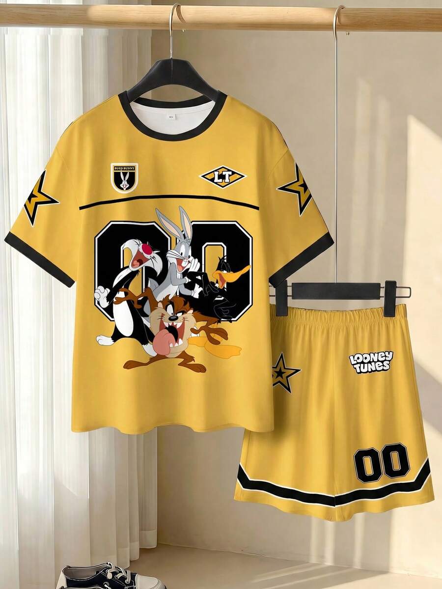 LOONEY TUNES X SHEIN Bộ đồ thường ngày cho bé trai tuổi teen gồm áo thun ngắn tay cổ tròn in hình hoạt hình và quần short. - trắng - Xem 1