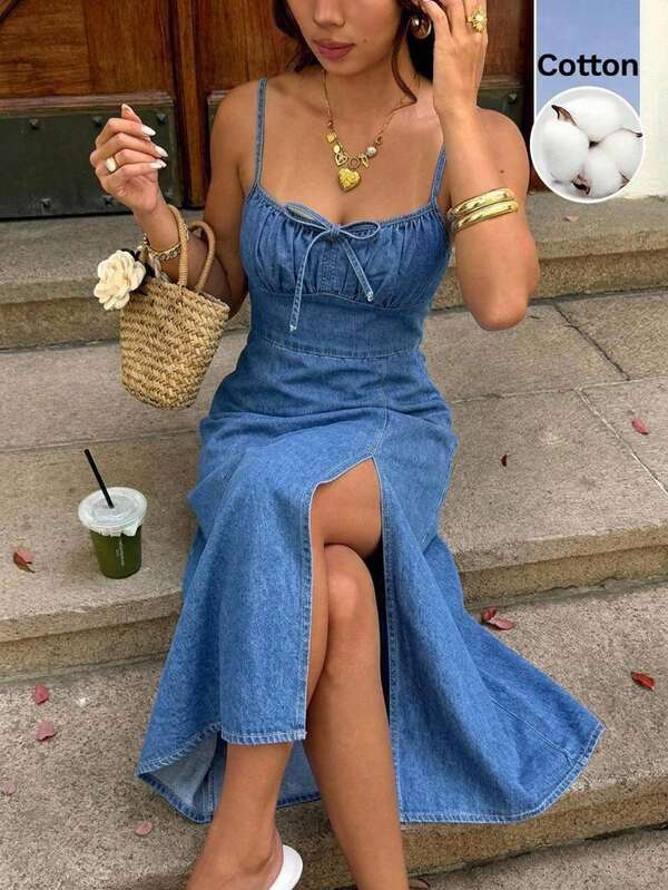 Serisse Women's Fashion Versatile Tie-Up Ruched Leg Slit Denim Camisole Dress Summer Elegant Vacation Beach Wedding Graduation Going Out Ruffle Blue
