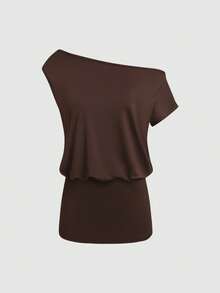 Sweetra Women's Solid Color Asymmetric Neck Casual Basic Fitted Short Dress Brunch Daytime Holiday Pink Chocolate Brown Summer - Multicolor - View 3