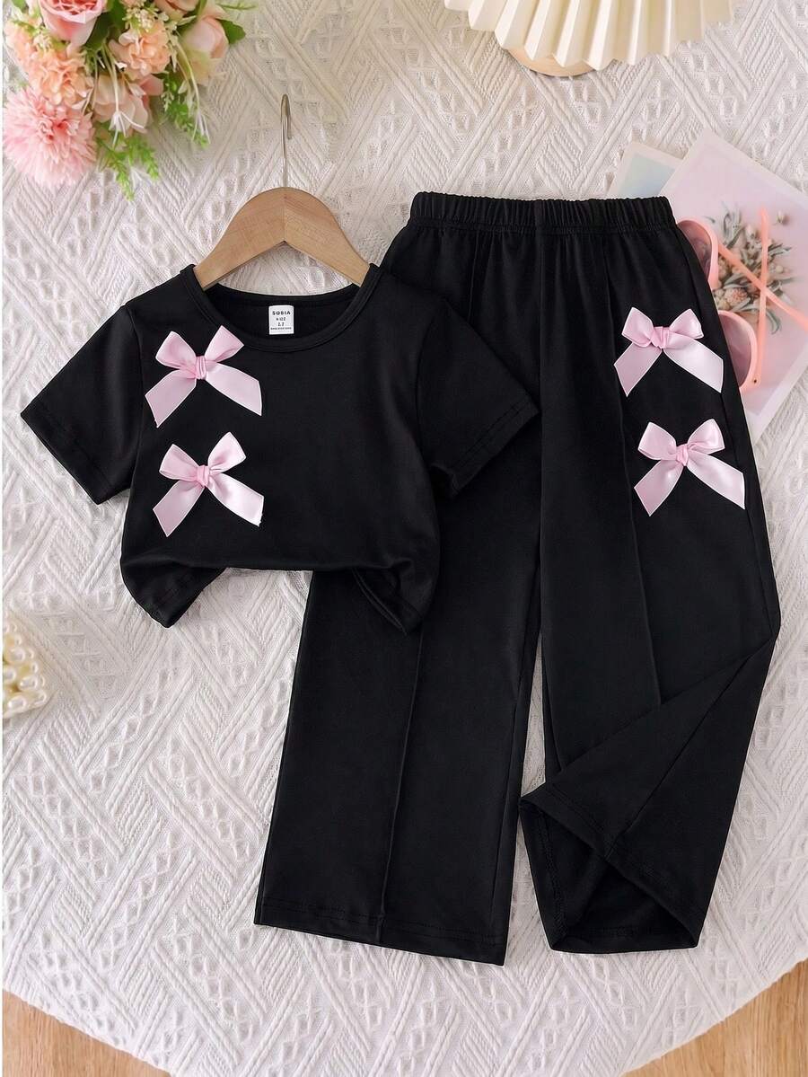 SHEIN Genkimix Kids 少女新款時尚淺灰色短袖T恤 + 寬腿長褲 3D黑色蝴蝶結裝飾 2件組，適合日常休閒運動，夏季 - 黑色 - 查看 1