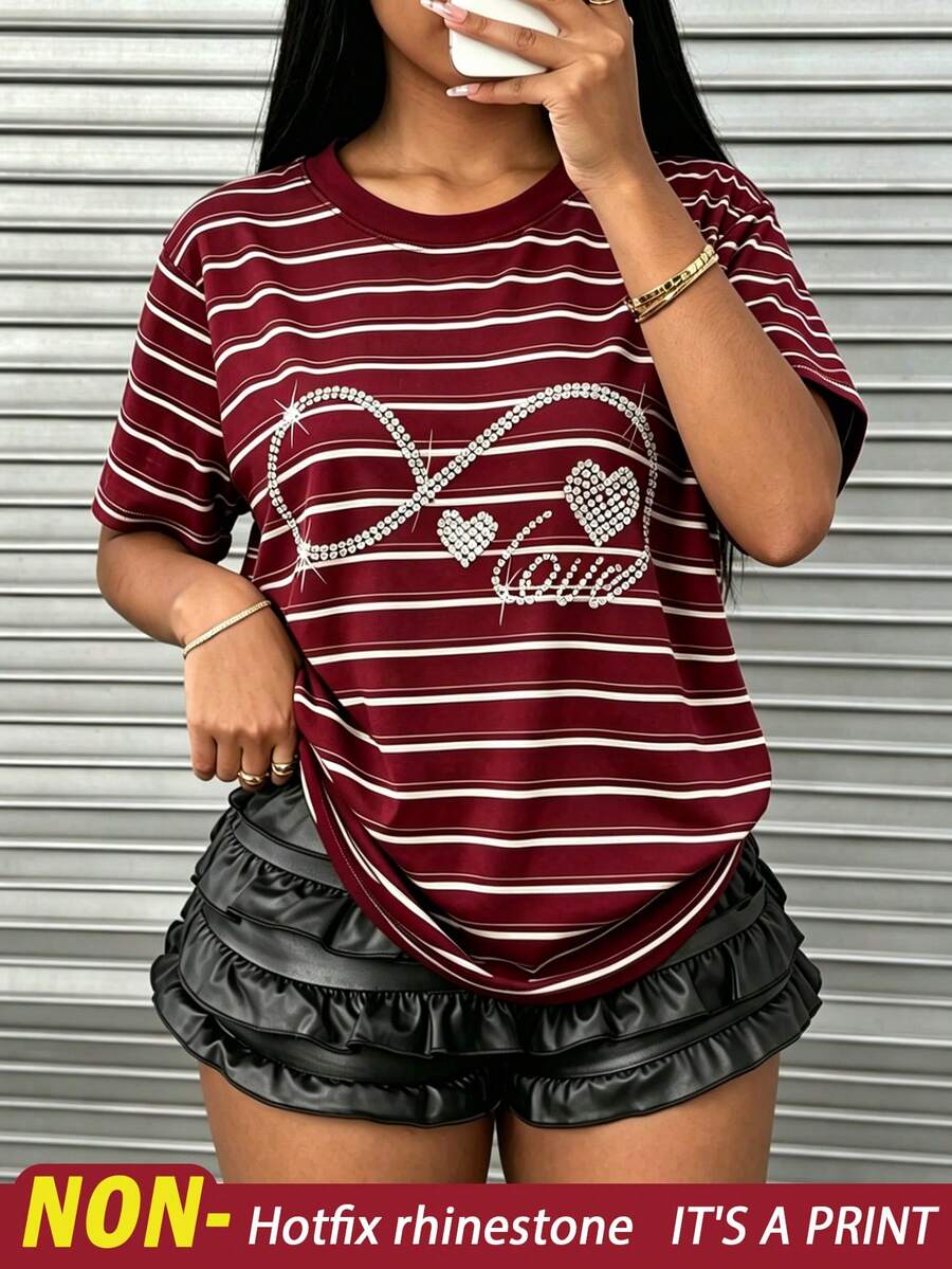 Rovax Women's Round Neck Short Sleeve Dropped Shoulder Striped Rhinestone Design Casual T-Shirt - Multicolor - View 1
