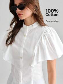 Ontre Women's White Comfortable Fabric Fitted Shirt Small Stand Collar Regular Shoulder Short Sleeve With Ruffle Cuff Patchwork Office Teachers' Day Summer - White - View 4