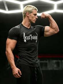 GymBeat Camiseta deportiva de manga raglán con gráfico de letras para hombre, adecuada para gimnasio y vacaciones de verano - Negro - Ver 7