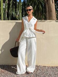 Livesso Women's Sleeveless V-Neck Belted Top And Loose Long Pants Denim Set - White - View 1
