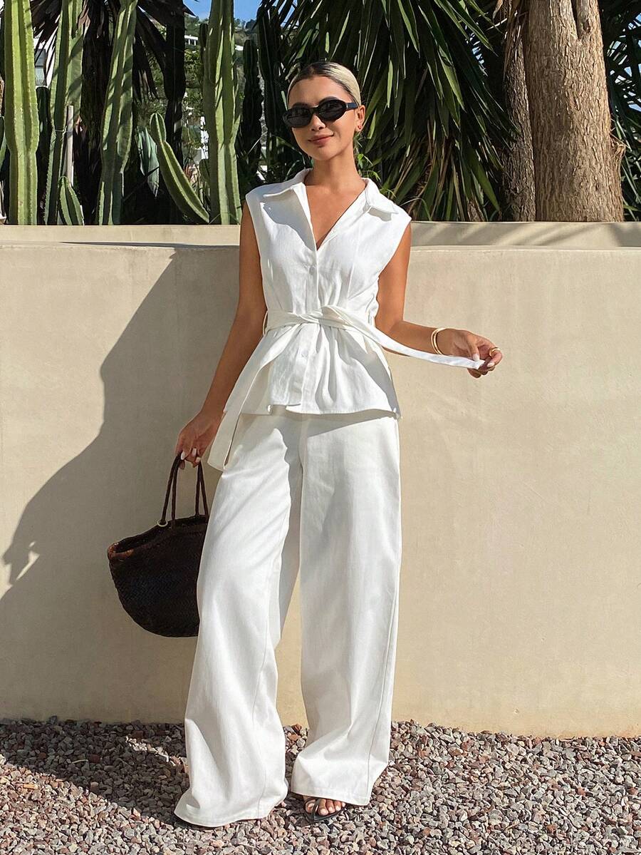 Livesso Women's Sleeveless V-Neck Belted Top And Loose Long Pants Denim Set - White - View 1