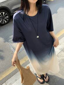 DAZY 女士渐变圆领短袖休闲长裙，青春韩风夏季连衣裙 - 藍色 - 查看 5