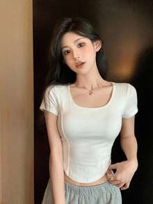 DAZY 女款圓領休閒素色修身T恤 - 白色 - 查看 5