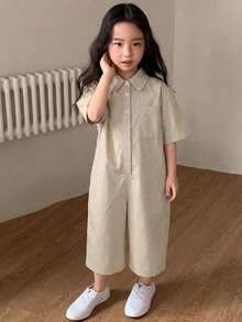 Dazy Kids 女童純色休閒短袖舒適連身褲 夏季 - 卡其色 - 查看 6