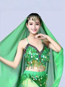 1PC Colorful Sequin Wrapped Belly Dance Costume, A Hanging Coin Stage Performance Dance Costume With Sequin Tassel Top - Multicolor - View 17