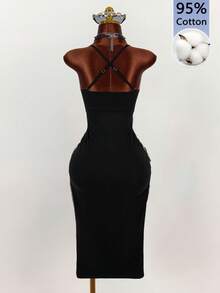 Amplova Damen Kleid in mittlerer Länge mit Spaghettiträgern, Ring-Detail, Schlitz und Bindeband - Schwarz - Übersicht 3