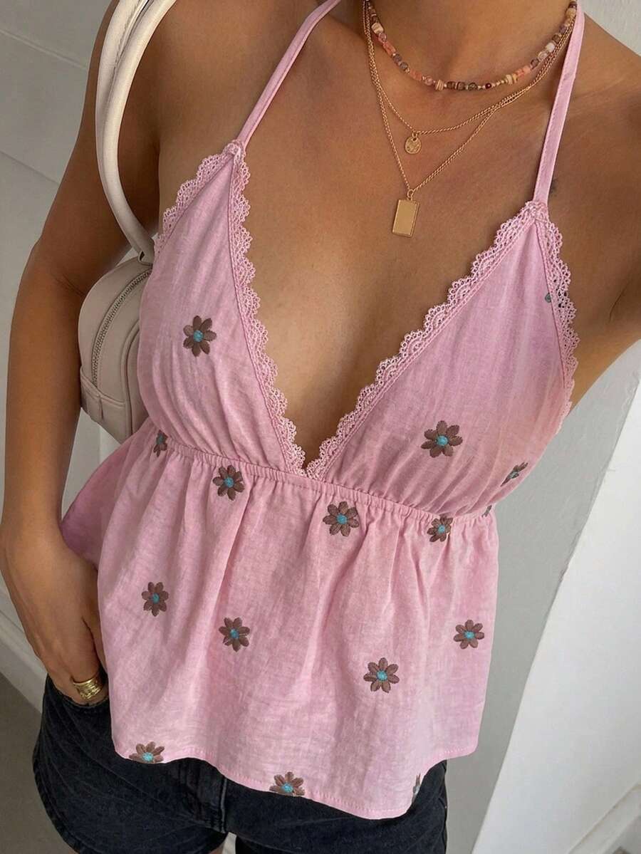 DAZY 女款夏季度假風花卉刺繡滿版印花細肩帶背心 極簡性感休閒背心上衣 Y2K - 淺粉色 - 查看 1