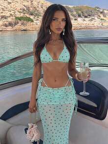 Aloruh 女款三件式比基尼套裝，春夏度假性感優雅浪漫波點金屬裝飾迷你三角杯掛脖綁帶上衣，迷你丁字褲底褲附超長版長裙罩衫，女款海灘比基尼套裝 - 薄荷綠 - 查看 3
