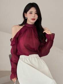 DAZY Top de verão suave estilo INS rosa com decote halter, manga comprida em chiffon, ombros descobertos e bainha com folhos, top elegante de férias para mulher - Roxa - Ver 7