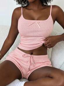 Livesso 2pcs/Set Pakaian Santai Musim Panas Wanita: Atasan Tank Top Camisole Tanpa Lengan Warna Polos dengan Tekstur Kain dan Celana Pendek - Berwarna merah muda - View 4
