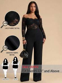 SHEIN Tall CURVE جمبسوت رسمية أنيقة للسمينات بتصميم كتف مكشوف مع تطريز الدانتيل - الأسود - مشاهدة 10