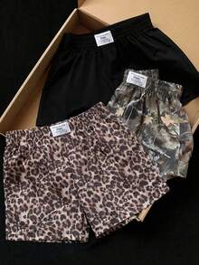 SHEIN EZwear Pantalones cortos casuales de talla grande, de unicolor, estampado de leopardo y gráfico, multicolor - Multicolor - Ver 4