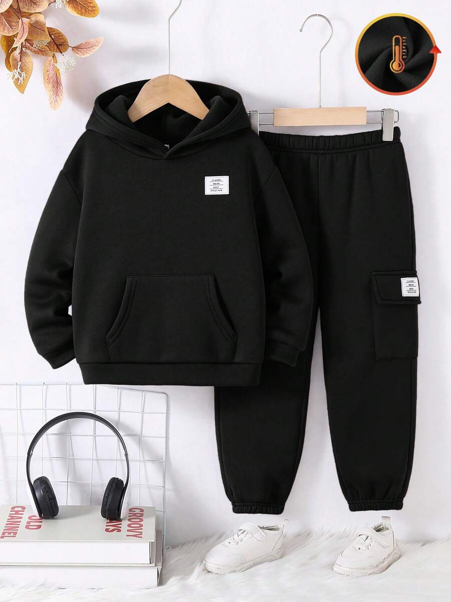 SHEIN 2件/套 青少年男女款休閒學院風舒適時尚簡約百搭字母印花刷毛加厚連帽衛衣與長褲,適合開學首日穿著 - 黑色 - 查看 1