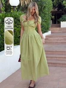 Joudiya Frühling & Sommer Grünes Midi-Kleid mit französischen Blütenärmeln, elegant tailliert, geeignet für Valentinstag, Hochzeit, Party, Pendeln, Sommerkleid - Avocadogrün - Übersicht 1