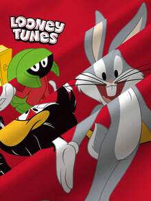 LOONEY TUNES X SHEIN 青少年男孩休闲时尚街头风格可爱卡通字母图案撞色条纹宽松羊毛卫衣，秋冬 - 白色 - 查看 6