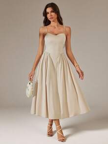 SHEIN Tall Elegant Women's Spaghetti Strap Long Puff Dress, Suitable For Daily Dates, Outings, Nightclubs, Parties, Autumn Season, Tall Women - Apricot - View 1
