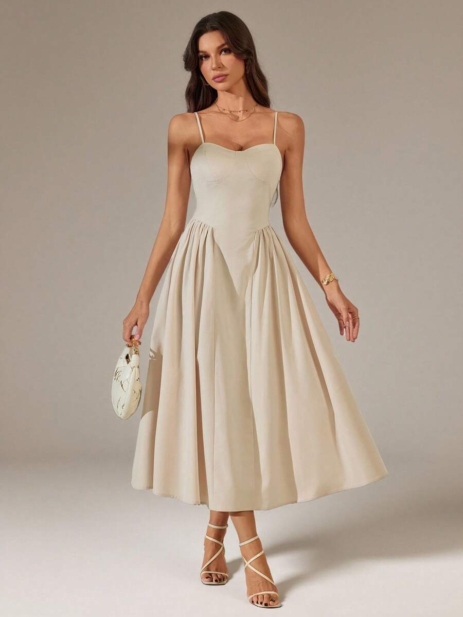 SHEIN Tall Elegant Women's Spaghetti Strap Long Puff Dress, Suitable For Daily Dates, Outings, Nightclubs, Parties, Autumn Season, Tall Women - Apricot - View 1